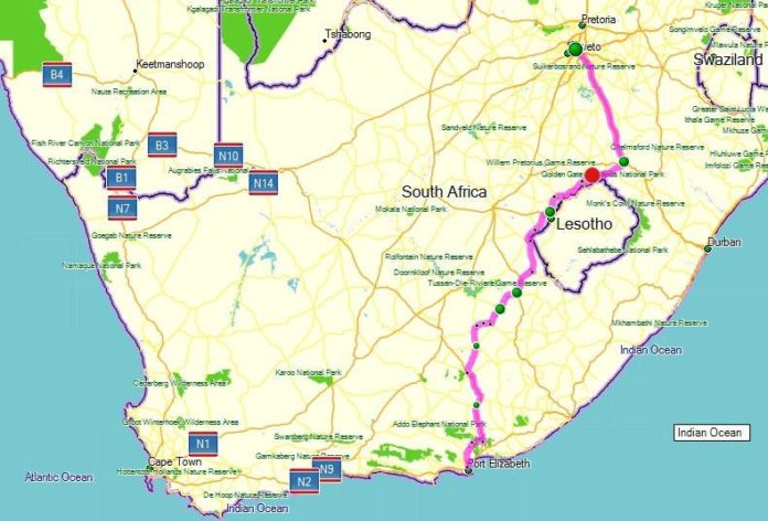 What is the halfway point between Johannesburg and Cape Town?